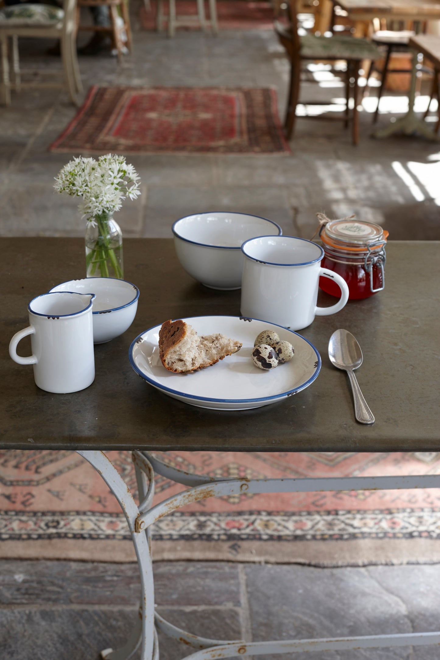Tinware Blue Rim Stoneware 4 Piece Dinnerware Set, Service For 1 Canvas Home "contemporary dinnerware", canvas home, dinnerware, Enamel, Entertainment, Friends, Gift, Plates, related-tinware-plates, Summer, Tinware Collection, Vintage
