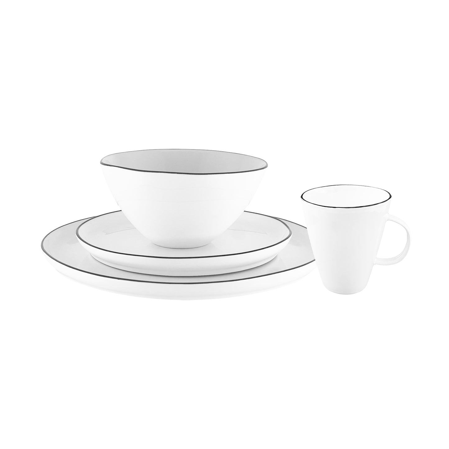 Abbesses Black Rim Porcelain 16 Piece Dinnerware Set, Service For 4