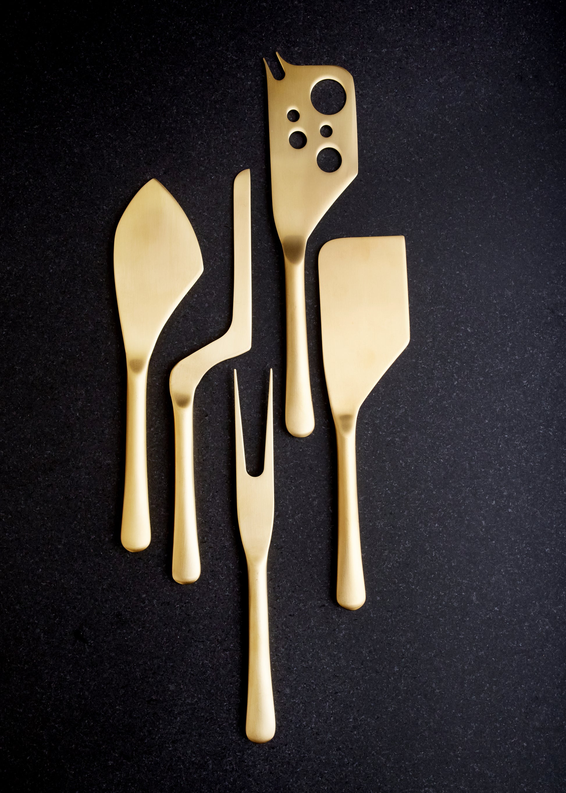 Barcelona Matte Gold Stainless Steel 5 Piece Cheese Service Gift Set Canvas Home $100-$200, 18/10 Stainless Steel, 5 Piece Set, Barcelona, Cheese Knife Set, Cheese Knives, Cheese Spreader, Cutlery, Cutlery Sets, Gold, Host + Hostess, Matte, Matte Gold, Portugal, Serving Utensils, Stainless Steel