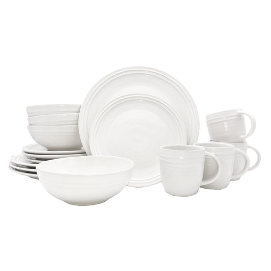 Lines White Stoneware 16 Piece Dinnerware Set, Service For 4