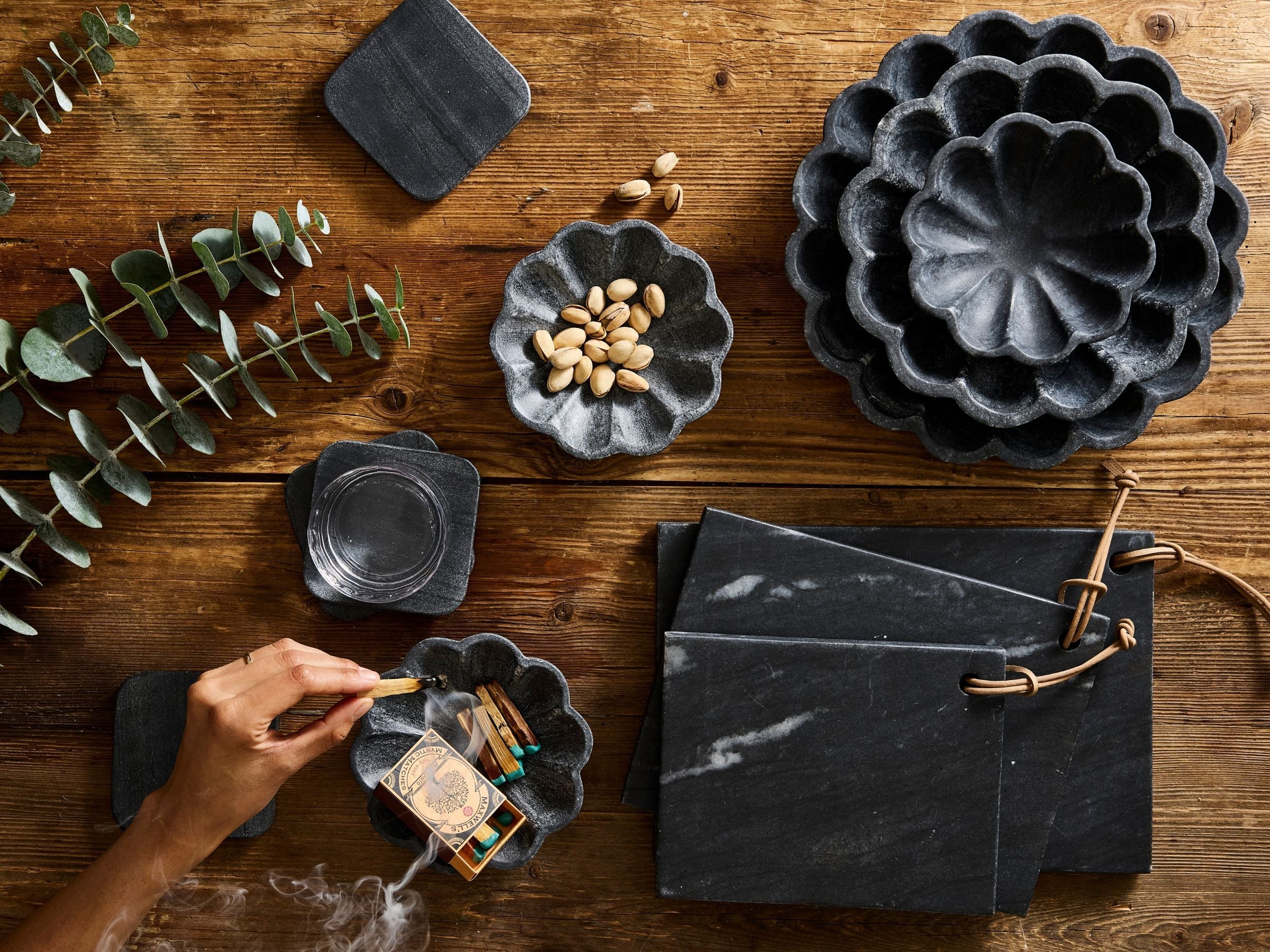 Catalina Collection Canvas Home Bar Tool Set With Marble Holder, Black, Black Marble, Black Marble Cheese Board, Black Marble Coaster, Black Marble Coaster Set, Black Marble Cutting Board, Black Marble Nesting Bowl, Black Marble Scalloped Bowl, Black Marble Serving Board, Catalina, Catalina Coaster, Handcrafted Marble, Large Marble Scalloped Bowl, Marble, Marble Bowl, Marble Nesting Bowl, Marble Scalloped Bowl, Marble Serving, Medium Marble Scalloped Bowl, Serving, Serving Bowls, Serving Platter