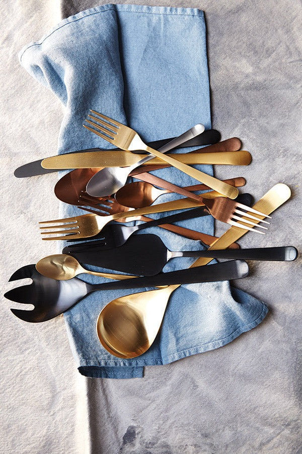 Oslo Matte Gold Stainless Steel 5 Piece Cutlery Set - Service for 1 Canvas Home $50-$100, 18/10 Stainless Steel, 5 Piece Flatware Set, 5 Piece Set, Cutlery, Cutlery Sets, Flatware, Flatware Set, Gifts-100-&-Below, Gold, Matte Gold, Oslo, Portugal, Service For 1, Stainless Steel