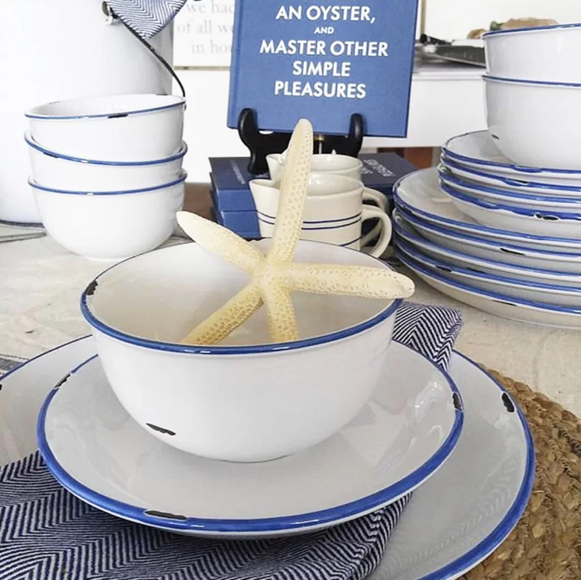 Tinware Blue Rim Stoneware 4 Piece Dinnerware Set, Service For 1 Canvas Home "contemporary dinnerware", canvas home, dinnerware, Enamel, Entertainment, Friends, Gift, Plates, related-tinware-plates, Summer, Tinware Collection, Vintage