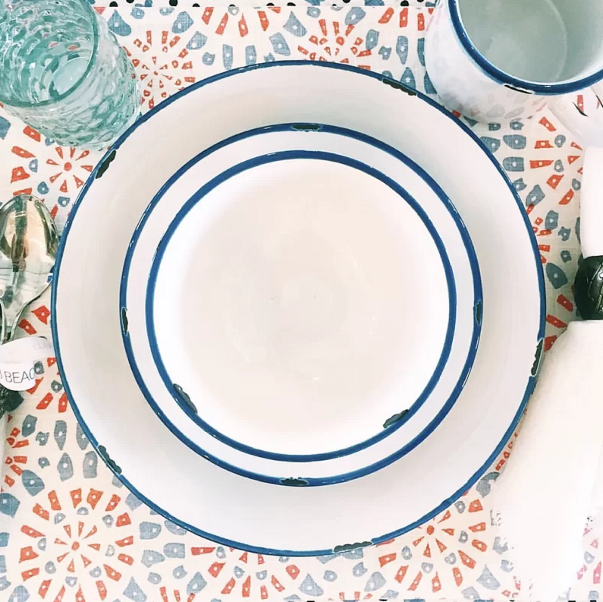 Tinware Blue Rim Stoneware 16 Piece Dinnerware Set, Service For 4 Canvas Home "contemporary dinnerware", Blue, canvas home, dinnerware, Enamel, Entertainment, Friends, Place Setting, Plates, related-tinware-plates, Summer, Tinware Collection, Vintage